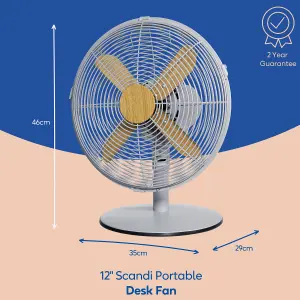 Russell Hobbs Scandi Desk Fan 12 Inch Grey and Wood Effect RHMDF1201WDG