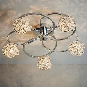 Semi Flush Ceiling Light Chrome & Crystal Knott 5 Lamp Hanging Feature Pendant