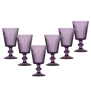 Set of 6 Purple Lavender Embossed Drinking Wine Glass Wine Goblets 300ml