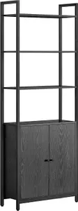 VASAGLE Bookcase with Door, 6-Tier Tall Shelf, Metal Frame, Adjustable Shelves, for Bedroom & Living Room, Ebony Black & Ink Black