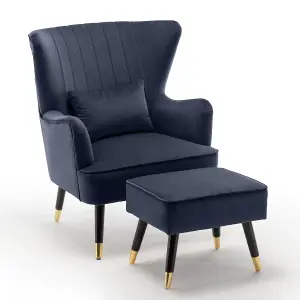 Velvet Navy Blue Camila Accent Wingback Chair with Footstool