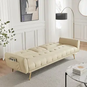 Lora 3 Seater Faux Leather Click Clack Sofa Bed with 2 Cup Holders - Beige