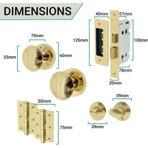 EAI - Round Mortice Door Knobs and Bathroom Lock Kit - 55mm - Polished Brass