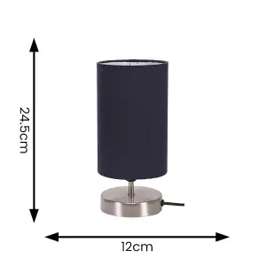 ValueLights Francis Brushed Chrome Cylinder Touch Dimmer Table Lamp with Navy Blue Fabric Shade Bedside Light - LED Bulb Included