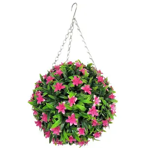 Best Artificial 28cm Pink Lily Hanging Basket Flower Topiary Ball - Suitable for Outdoor Use - Weather & Fade Resistant