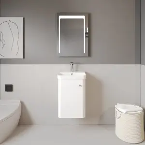 Wall Hung 1 Door Vanity Unit with Ceramic Sink - 400mm - Gloss White