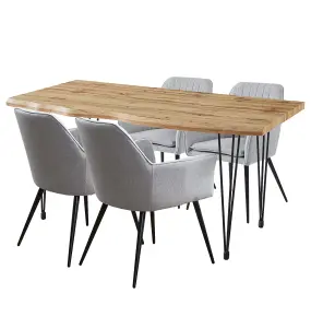 Hallowood Furniture Cullompton Large Dining Table 160cm, Live Edge Effect Table Top, with 4 Steel Grey Fabric Arm Chairs