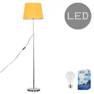 ValueLights Standard Floor Lamp In Polished Chrome Metal Finish With Mustard Tapered Shade With 6w LED GLS Bulbs In Warm White