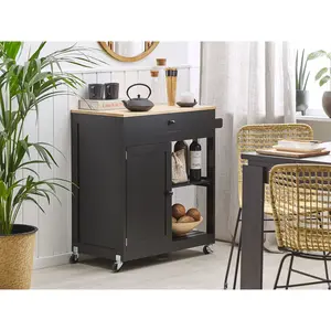 Ambon Solid Wood Top Kitchen Trolley Black