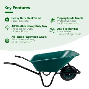 Garden WHEELBARROW 130kg / 110Ltr Toughened Plastic Tray Ideal Heavy Duty Green Gardeners Equine Barrow 1 Wheel All Terrain Tyre