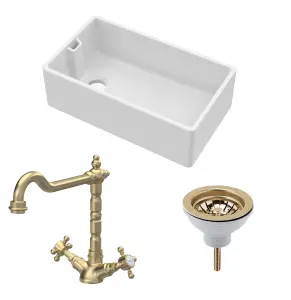 Fireclay Kitchen Bundle - Single Bowl Belfast Sink, Strainer Waste & French Classic Tap, 795mm - Brushed Brass - Balterley