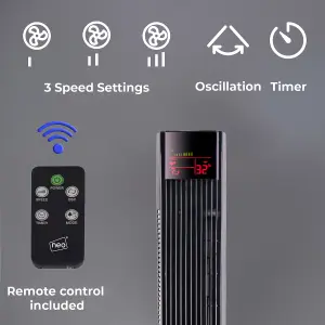 Neo 36 inch Black Free Standing 3 Speed Tower Fan with Remote Control