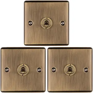 3 PACK 1 Gang Single Retro Toggle Light Switch ANTIQUE BRASS 10A 2 Way Plate