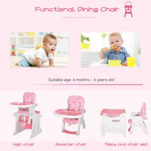 HOMCOM 3-in-1 Convertible Baby High Chair Booster Seat w/ Removable Tray Pink