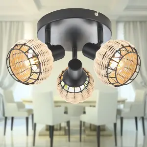 First Choice Lighting Goa Black and Natural Rattan 3 Light Ceiling Spotlight Plate