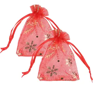 Neel Blue Christmas Gift Bag Red Snowflakes Glitter Organza Bag, 7x9cm - Pack of 100