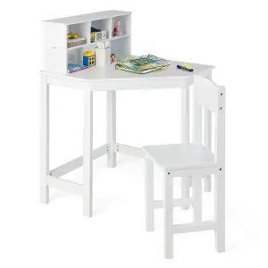 COSTWAY Kids Corner Desk & Chair Set Children Study Table Set with Hutch