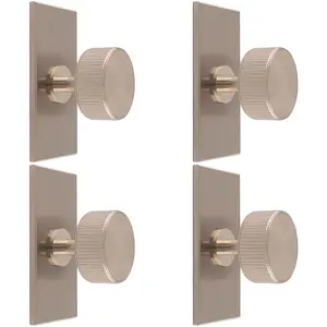 4 PACK - Reeded Radio Cabinet Door Knob & Matching Backplate Lined Satin Nickel 76 x 40mm