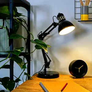 ValueLights Monda Retro Designer Style Adjustable Black Metal Bedside Desk Table Lamp - Includes 4w LED Golfball Bulb 3000K