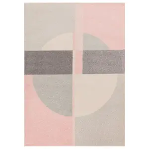 Pink Flatweave Geometric Modern Rug Easy to clean Dining Room-120cm X 170cm