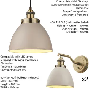 Ceiling Pendant Lamp & 2x Matching Wall Light Pack Industrial Grey Brass Shade