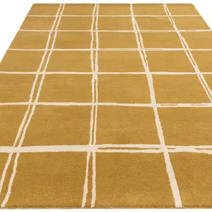 Gold Chequered Wool Modern Shaggy Handmade Rug For Living Room Bedroom & Dining Room-120cm X 170cm