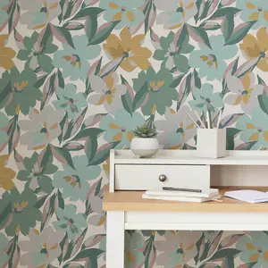 Next Hot House Floral Green, Blue & Yellow Smooth Wallpaper