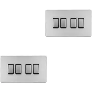 2 PACK 4 Gang Quad Light Switch SCREWLESS SATIN STEEL 2 Way 10A Slim Rocker