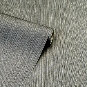 Japandi Grasscloth Charcoal Gold Wallpaper