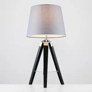 ValueLights Clipper Modern Black Wood and Silver Chrome Tripod Table Lamp with Grey Light Shade