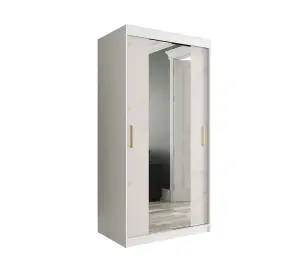 Elegant White Geneva T1 Mirrored Sliding Door Wardrobe W1000mm H2000mm D620mm - Modern Space-Saving Design with Gold Handles