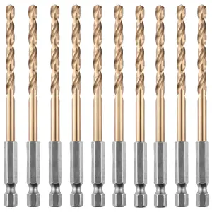 Box of 10 x 4mm Hex Shank HSS Gold Cobalt Jobber Drill Bit Set For Stainless Steel, Hard Metals, Aluminium, Cast Iron, Copper.