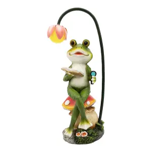 GardenKraft 10949 Solar Powered Light-Up Frog Reading On A Mushroom Garden Ornament