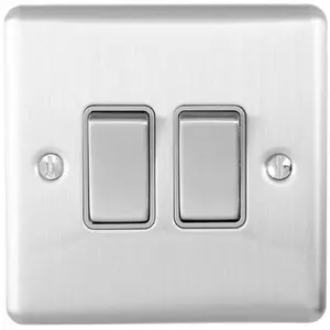 2 Gang Double Light Switch SATIN STEEL 2 Way 10A Grey Trim & Metal Rocker