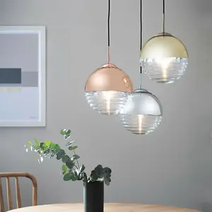 Hanging Ceiling Pendant Light GOLD & RIBBED GLASS Sphere Ball Lamp Bulb Holder