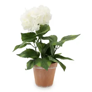 35cm White Hydrangea Artificial plant in Red Terracotta Pot