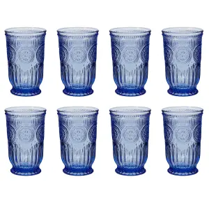 Set of 8 Luxury Embossed Blue Tall Drinking Glass Tumblers 330ml