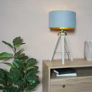 ValueLights Clipper Modern Light Wood and Chrome Tripod Table Lamp with Warm Grey Gold Drum Shade