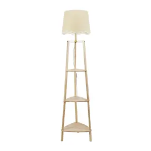 ValueLights Hiru 3 Tier Shelved Wooden Floor Lamp with Linen White Trim Scallop Tapered Shade