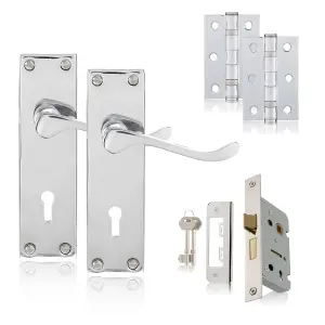 XFORT Polished Chrome Victorian Lever Lock Pack, 6" Door Handle Complete Set.