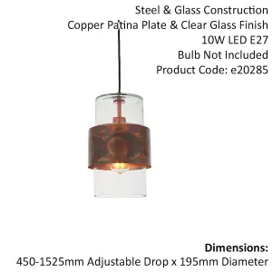 Copper Hanging Ceiling Pendant Light - Clear Glass Shade - Single Bulb Fitting