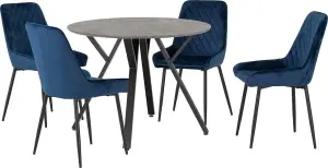 Athens Round Dining Set Blue Velvet Chairs Concrete Effect Black