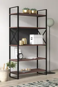 Meta Bookcase Free Standing Storage Shelf with Metal Frame, 86 x 35 x 165 cm 5 Display Shelves, Bookshelf, Open Cabinet, Walnut