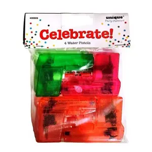 Unique Party Celebrate Water Pistol Party Favours (Pack of 4) Multicoloured (One Size)