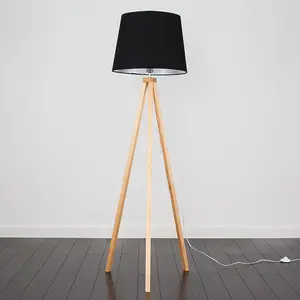 ValueLights Barbro Modern Light Wood Tripod Design Floor Lamp with Black Tapered Shade - Includes 6w LED GLS Bulb 3000K Warm White