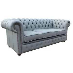 Chesterfield 3 Seater Sofa Vele Iron Grey Real Leather In Classic Style