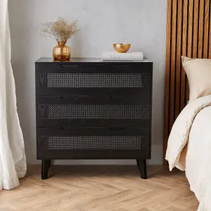 Spinningfield Black Rattan Chest of Drawers, 2 Drawers Clothes Dresser, Bedroom Drawers w/ Cane Fronted Drawers, Clothes Cabinet