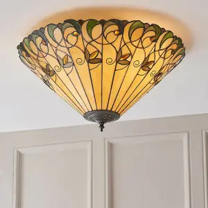 Tiffany Glass Semi Flush Ceiling Light Amber Floral Inverted Round Shade i00051