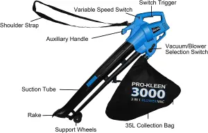 Pro-Kleen Garden Leaf Blower And Vacuum - 3000W - Shreds & Mulches 10-1 Ratio With Rake, 6 Speeds, 10m Power Cable, 2 x 35L Bags