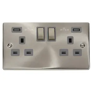 Click Scolmore Deco Switched Socket 13A Dual USB-A Satin Chrome - VPSC580GY